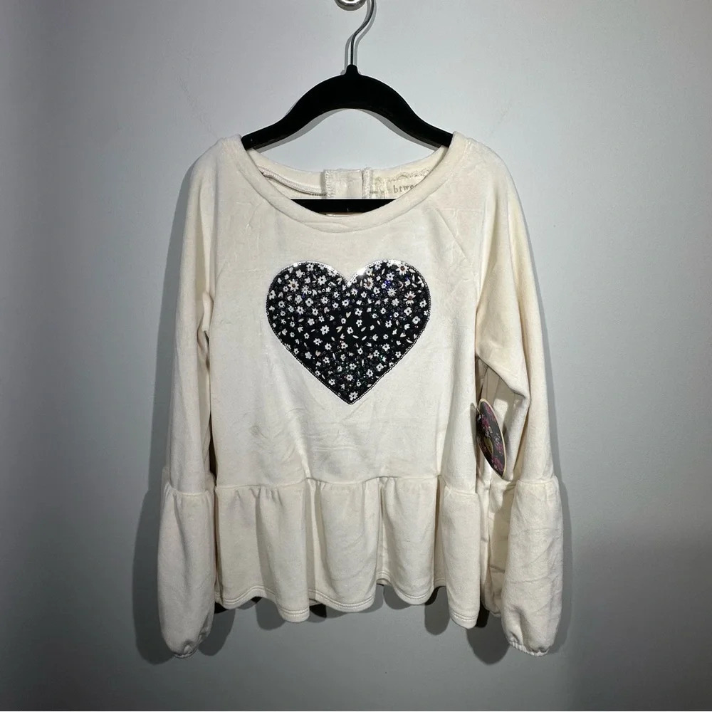 BETWEEN Girl Velour Long Bishop Sleeve Peplum Top Blouse Cream With Heart Size 8